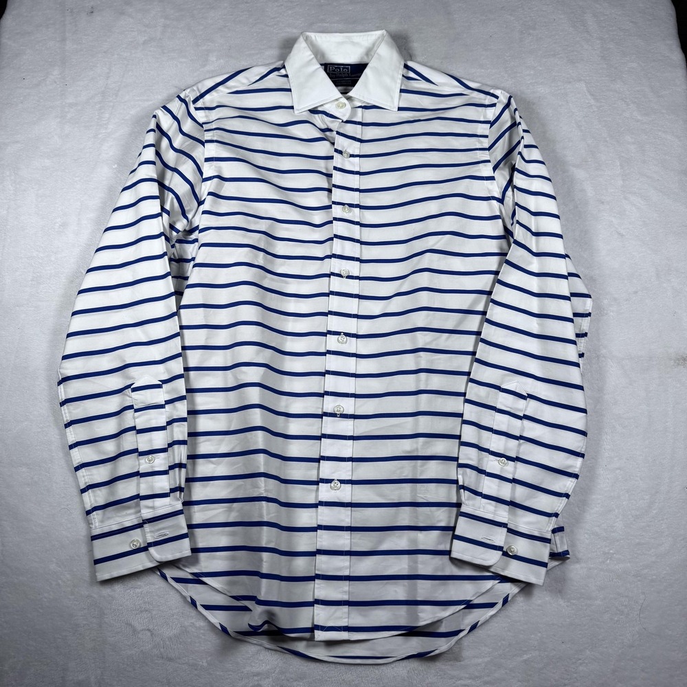 Polo Ralph Lauren Shirt Mens Small White Blue‎ Stripe Stanton Custom Fit